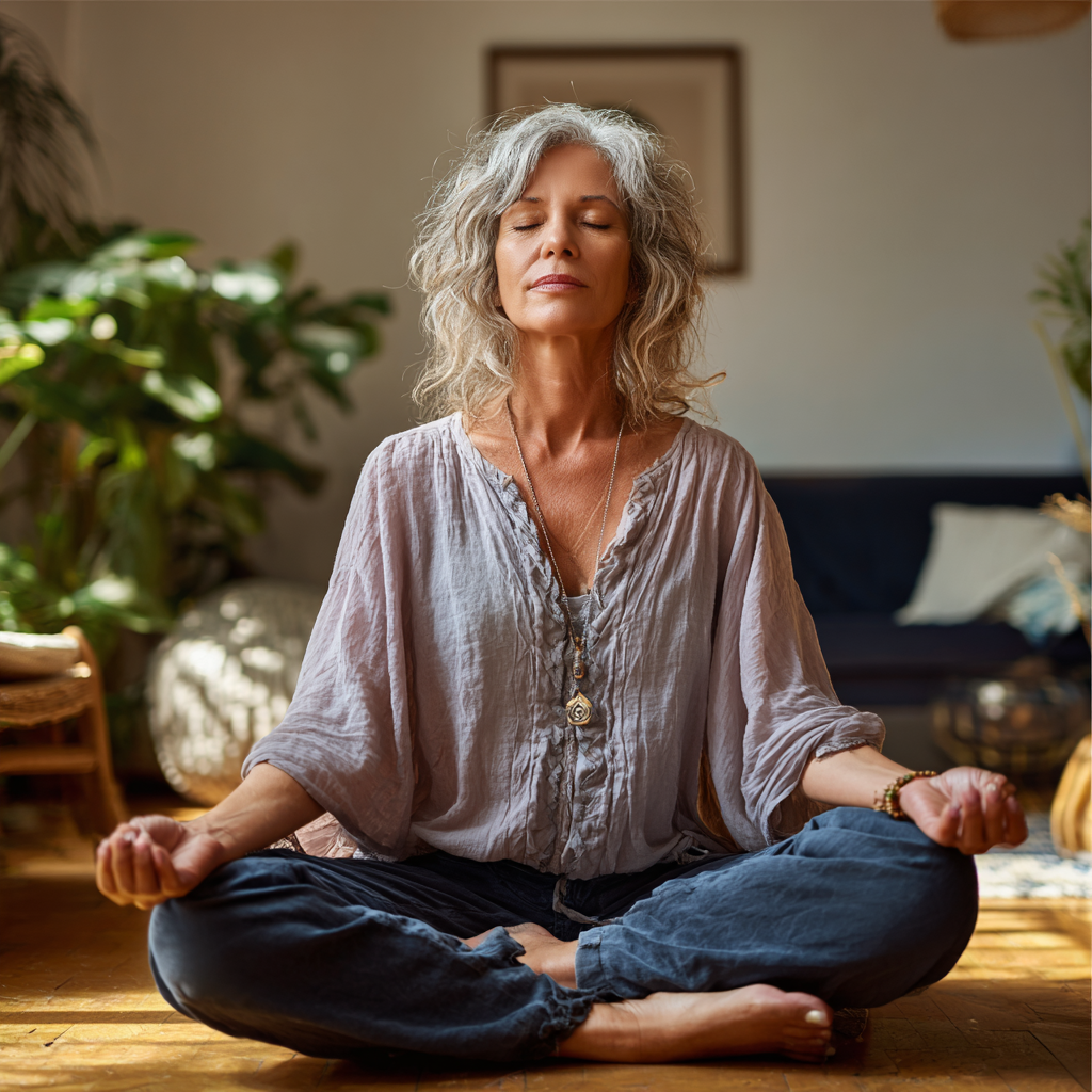 Experienced woman in her forties practicing meditation in peaceful studio environment