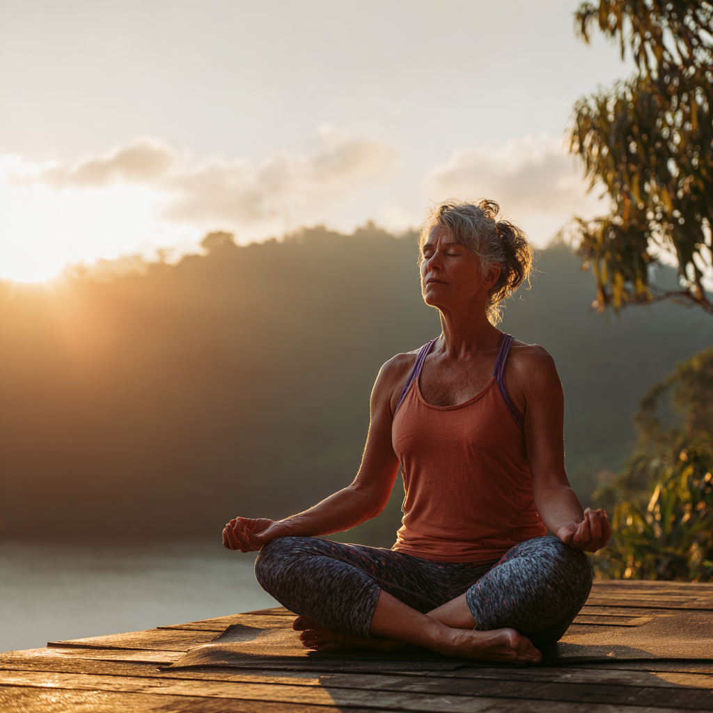 Middle-aged woman practicing yoga poses in serene natural setting